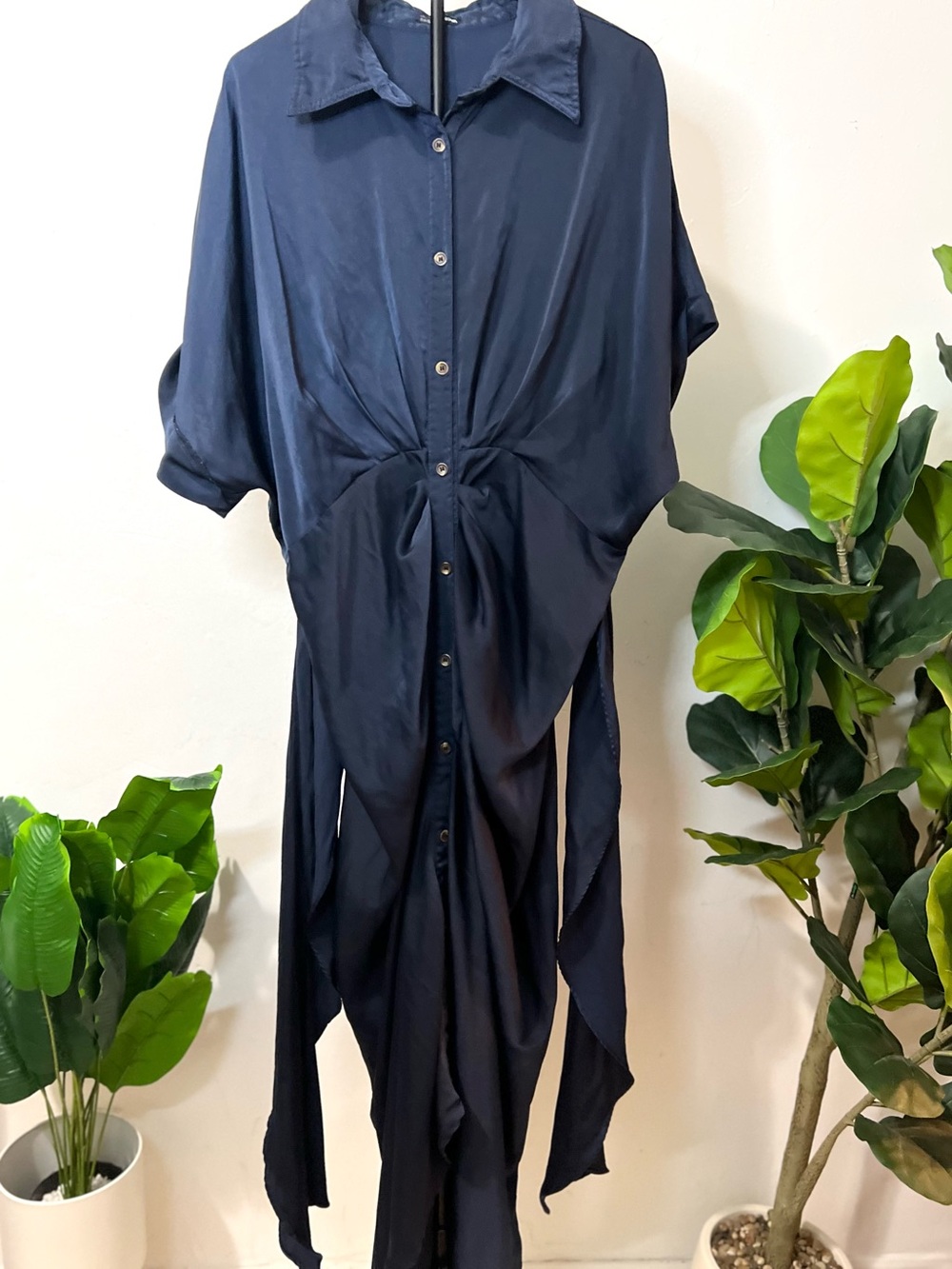 Fashion Nova Navy Blue Draped Tie Waist Button Front Maxi Shirt Dress Size 2X